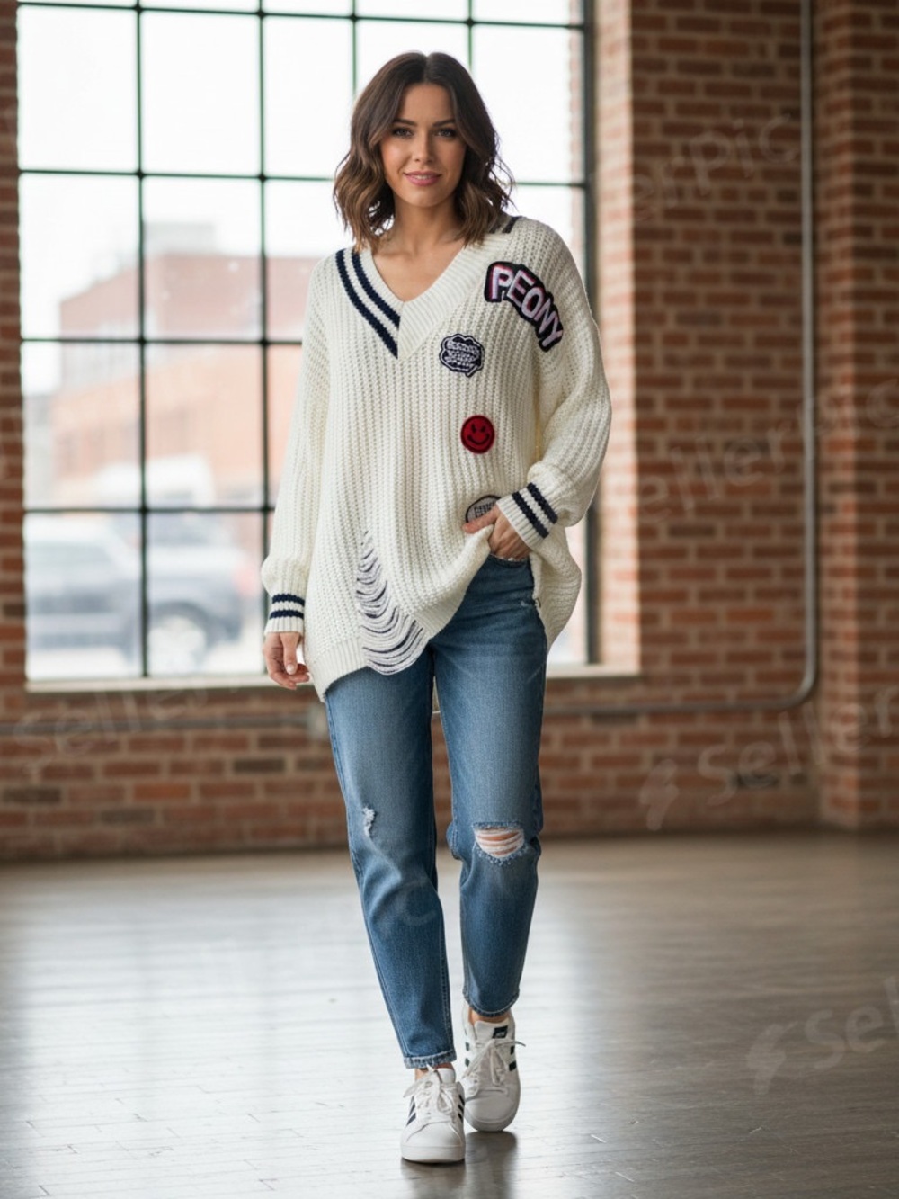 Selfie Couture Peony Patch Varsity Distressed Knit Sweater Ivory Oversized